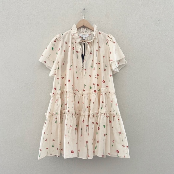 Hunter Bell Merritt Mini Dress Cream Cotton Silk Tiered Flutter Feminine L NWT - Picture 5 of 14